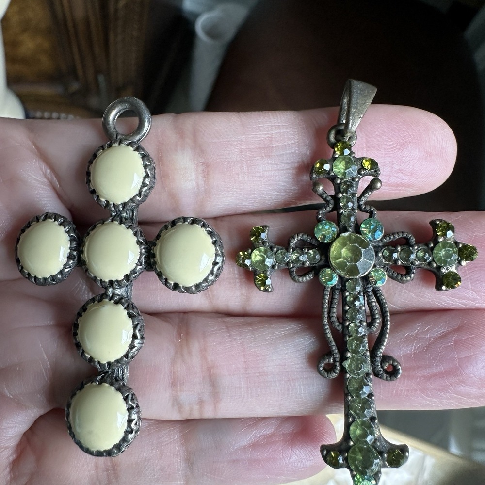 Vintage Artisan Pendants 2-2.3 Inch Christian Crosses Enamel Green Rhinestones